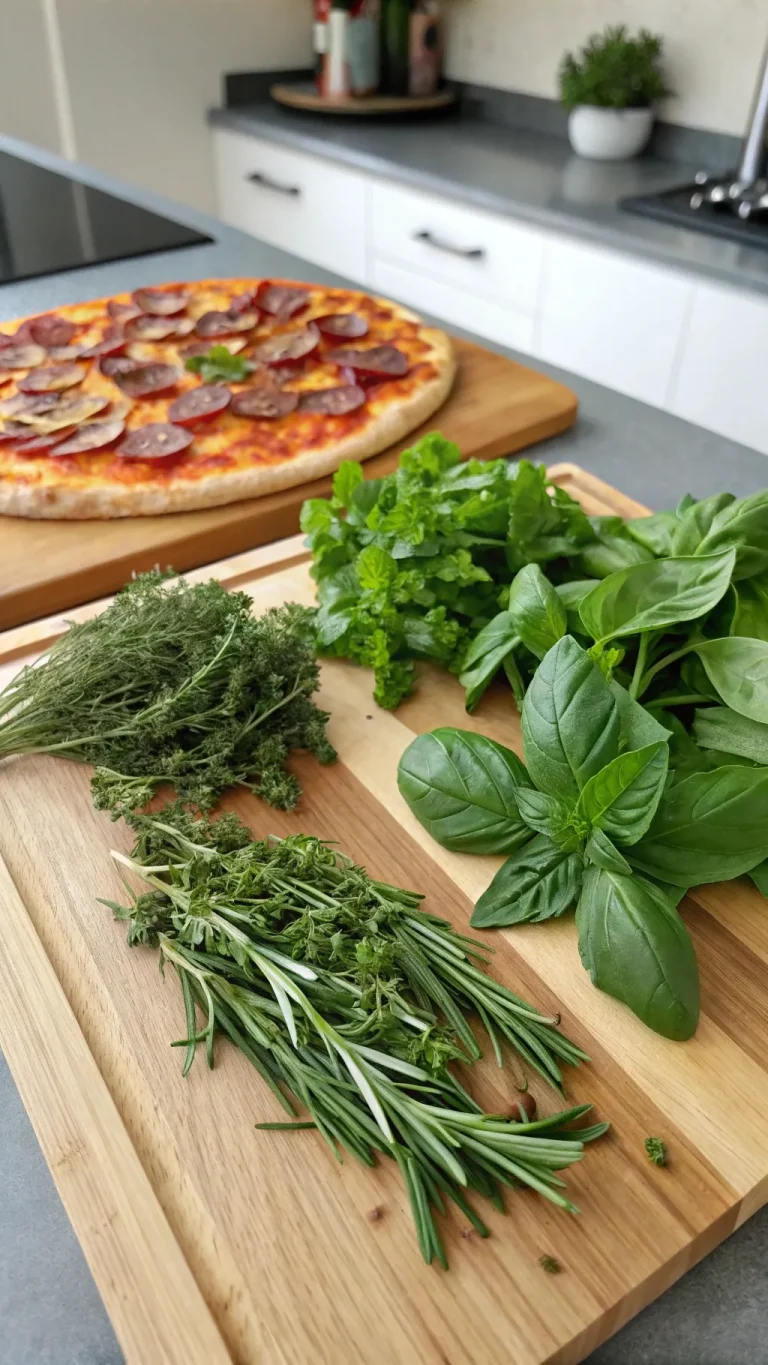 Aromatic herbs added to pizza